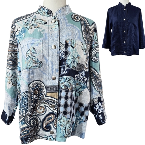 Chico's 100% Linen Blue Floral Paisley Reversible Snap Lightweight Jacket Boho - Picture 1 of 10